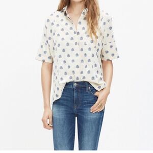 Madewell Academia Button Floral Weave Shirt Blue Cream Oversized Collared XS
